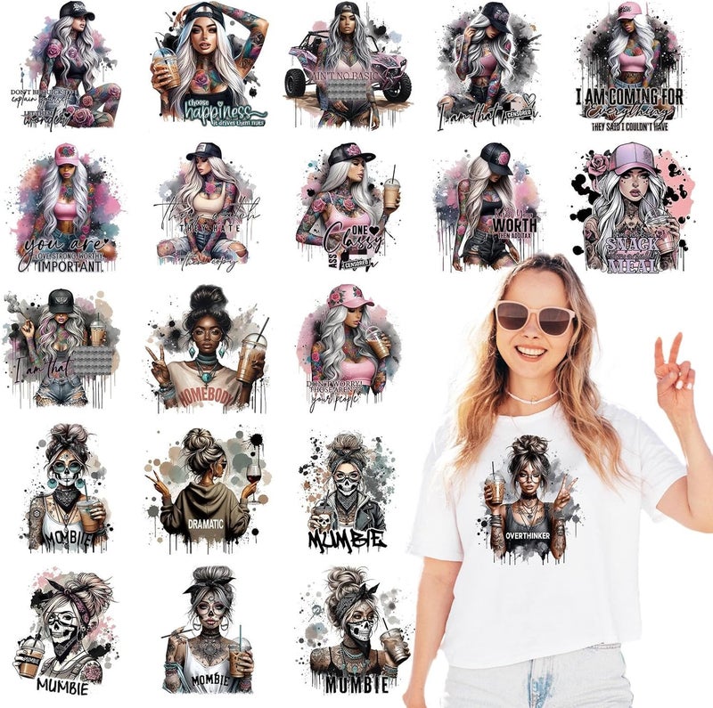 Shejdgart Dtf Transfers Ready to Press - 20 Pcs Cool Style Girls Heat Transfer Vinyl Stickers Funny Mama Skull Coffee Iron on Patches Decals for T-Shirts Clothes Bag Pillow DIY Fabric Decor - Image 1